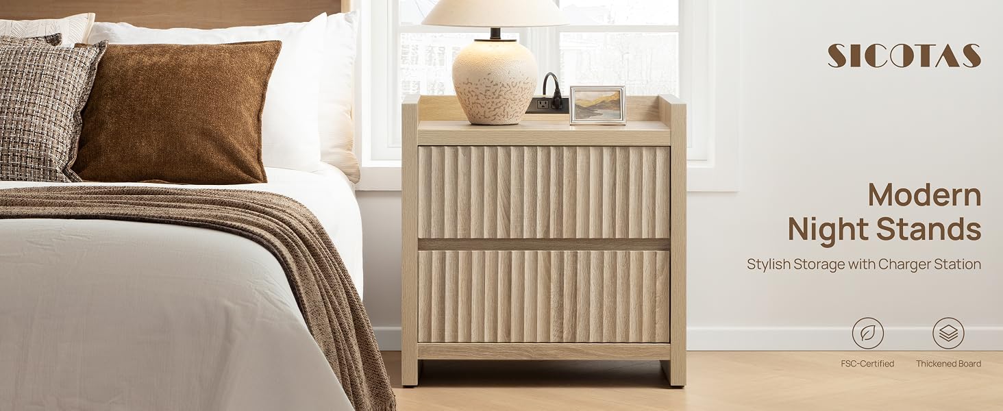 Modern Night Stand Set of 2 Fluted Nightstands with Charging Station