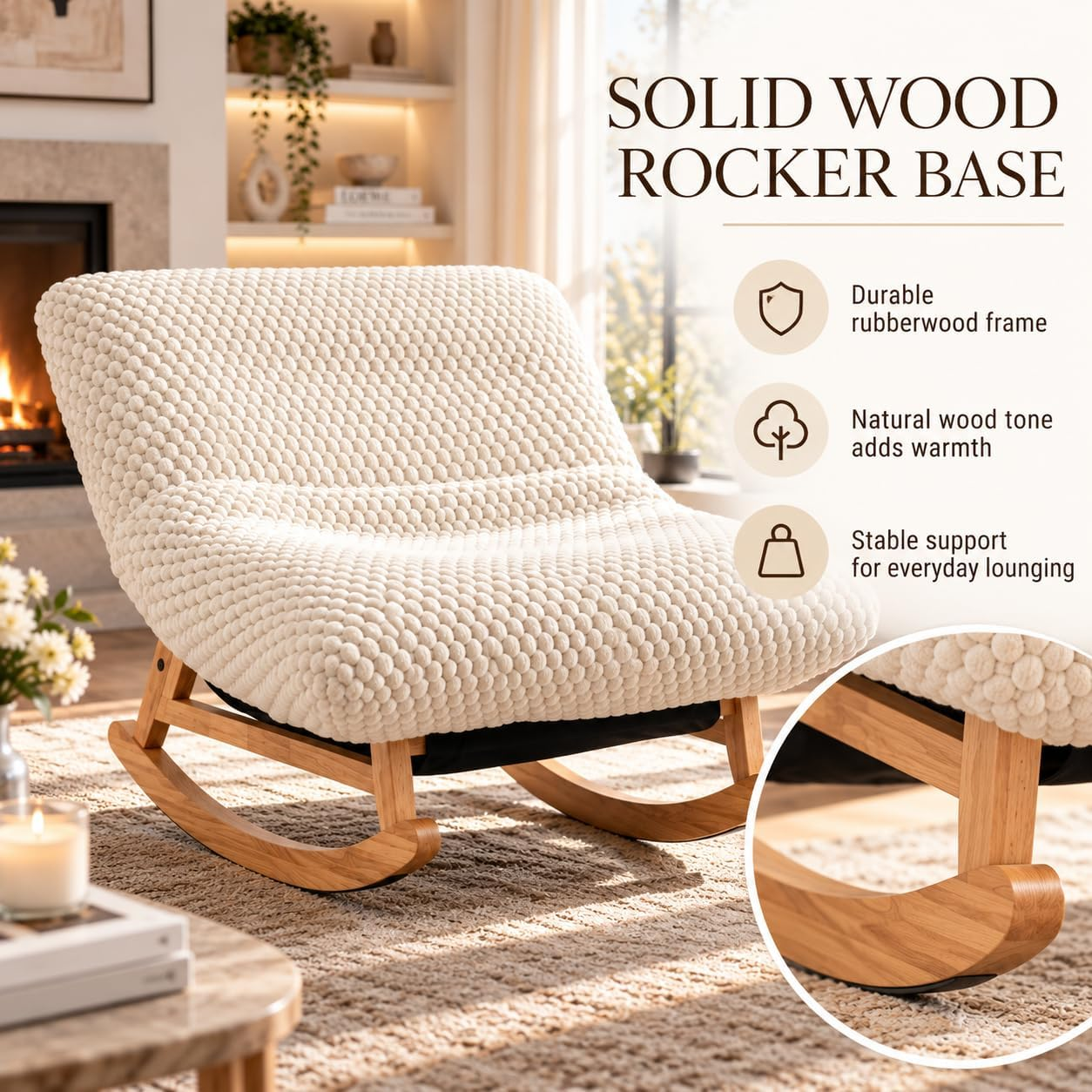 Oversized rocking lounge chair with a soft contoured cushion, supportive backrest and curved wood base.