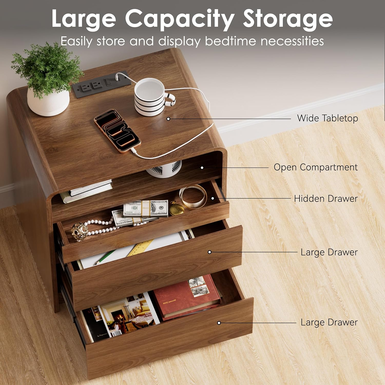 Modern Walnut Nightstand – Hidden Drawer, Charging Station & Soft-Close Storage
