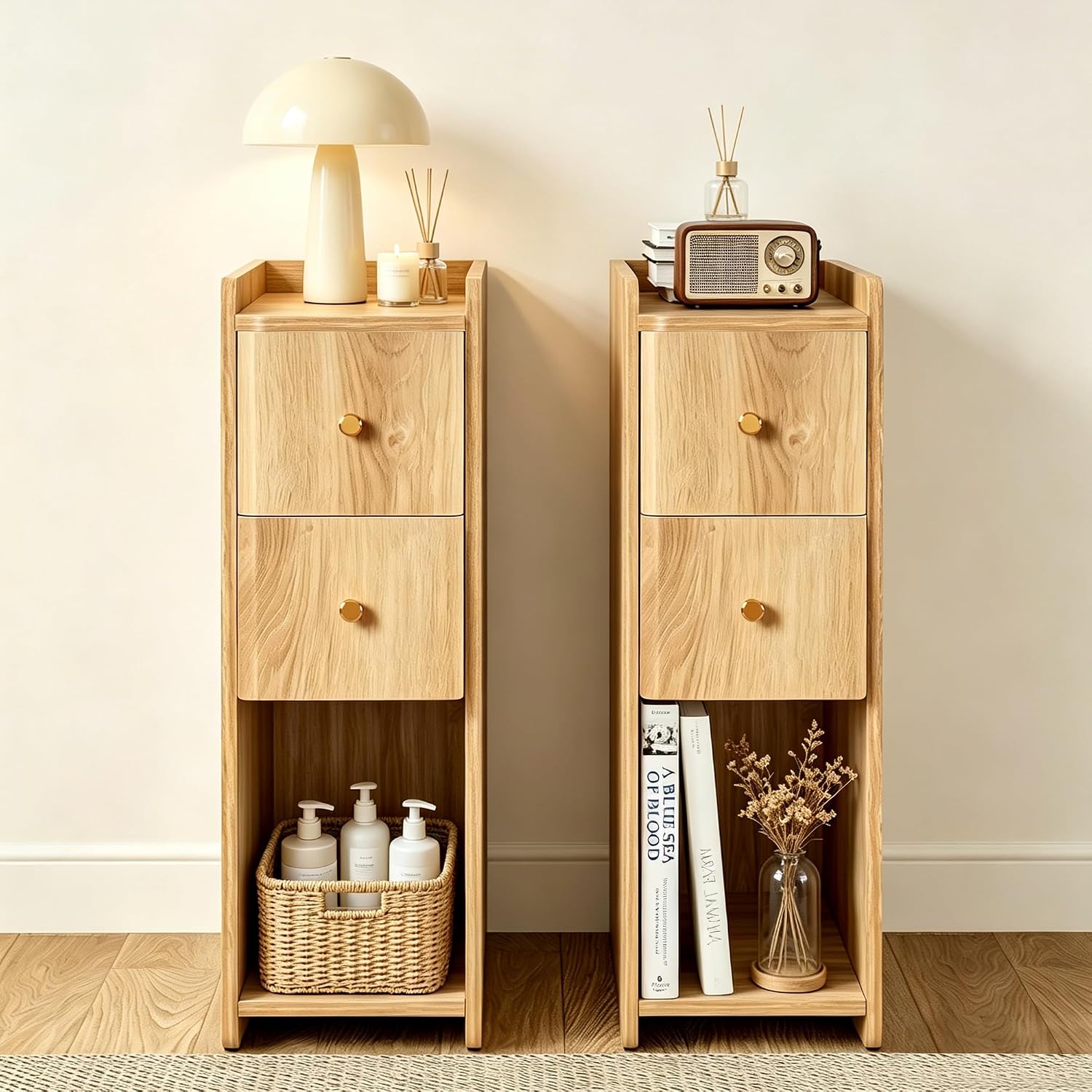 Narrow Nightstand Set of 2, Wooden Small 2 Drawer Nightstand, Slim Side End Table, Skinny Bedside Table, Mid Century Modern Night Stand with Drawers for Bedroom (Walnut-2 pcs)