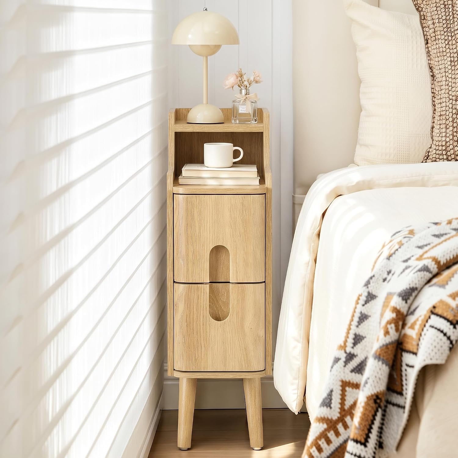 Narrow Nightstand Set of 2, Wooden Small 2 Drawer Nightstand, Slim Side End Table, Skinny Bedside Table, Mid Century Modern Night Stand with Drawers for Bedroom (Walnut-2 pcs)