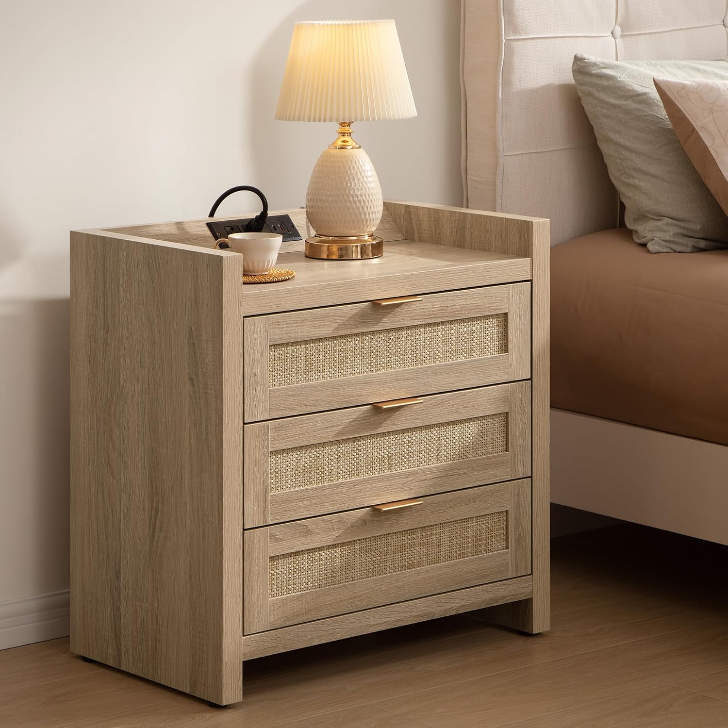 STREETRICH.CO Rattan Nightstands Set of 2, Tall Bedside Table with 3 Drawers | Farmhouse Boho Night Stand with Type-C Charging Station, Storage, Large Side Table End Table for Bedroom Office