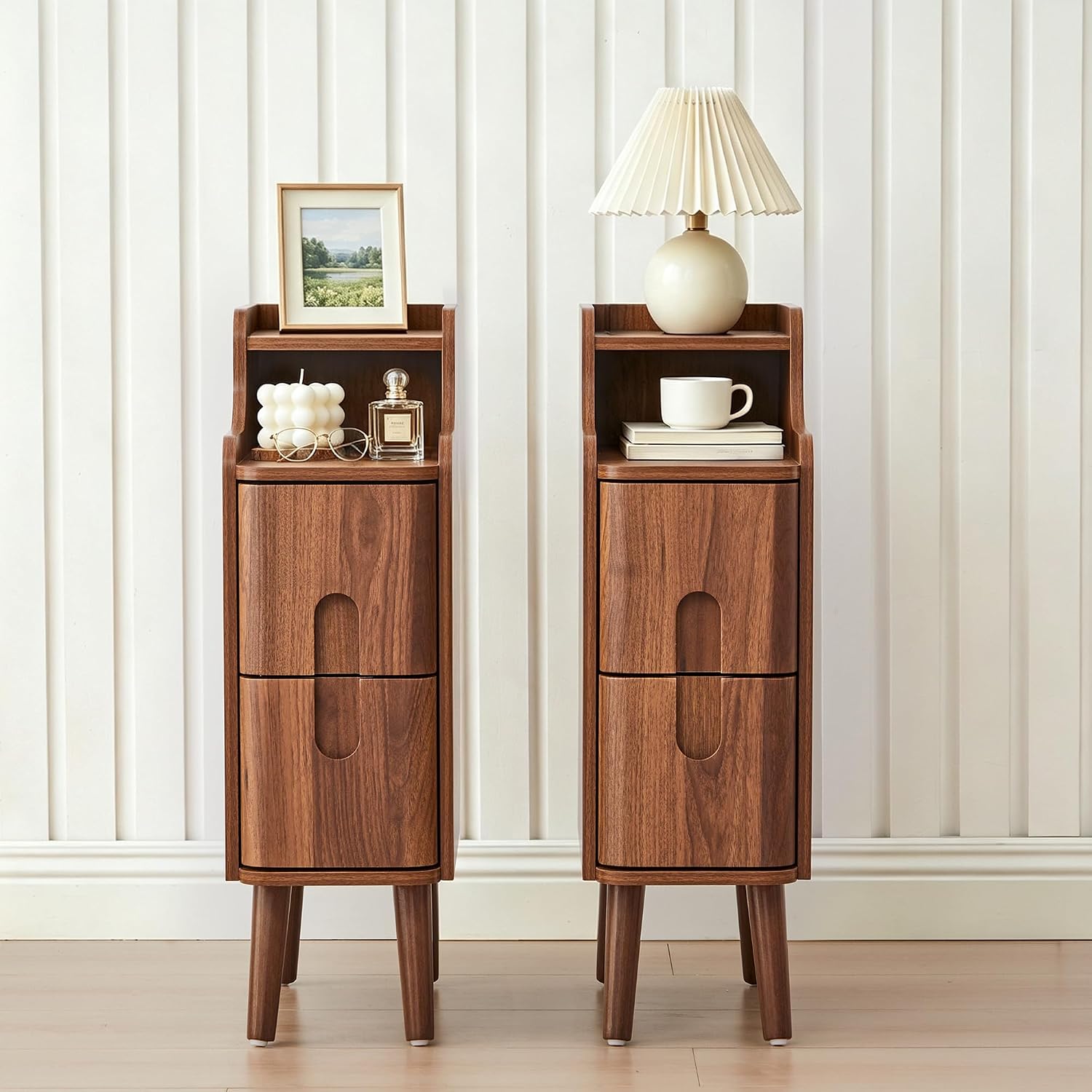 Narrow Nightstand Set of 2, Wooden Small 2 Drawer Nightstand, Slim Side End Table, Skinny Bedside Table, Mid Century Modern Night Stand with Drawers for Bedroom (Walnut-2 pcs)