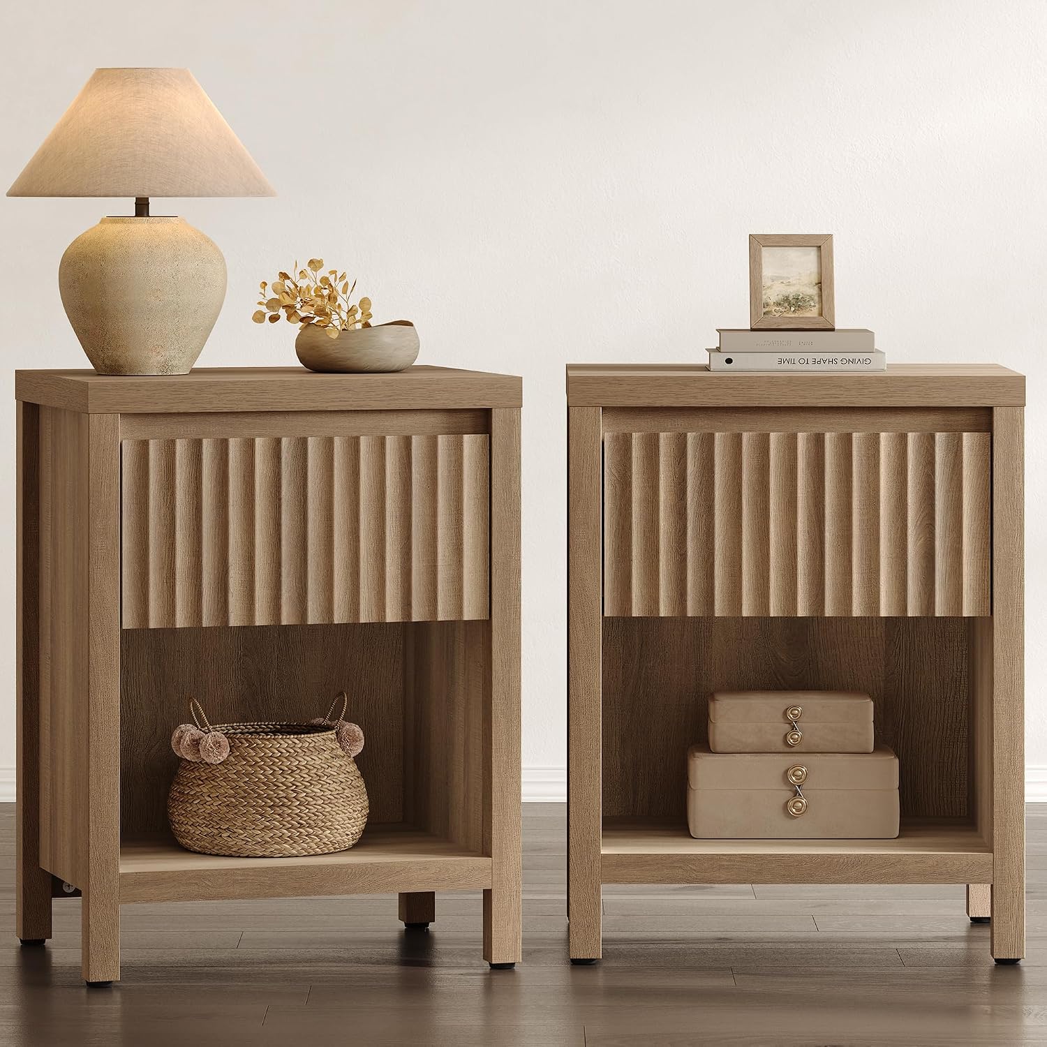 STREETRICH Fluted Night Stand Set of 2, Farmhouse Nightstands with Drawer | Boho Bedside Table with Storage Shelf, Large End Tables Bed Side Tables for Bedroom, Light Oak