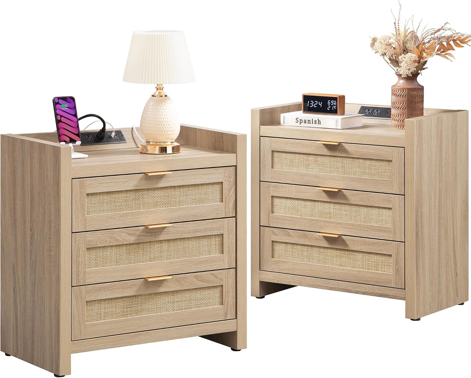 STREETRICH.CO Rattan Nightstands Set of 2, Tall Bedside Table with 3 Drawers | Farmhouse Boho Night Stand with Type-C Charging Station, Storage, Large Side Table End Table for Bedroom Office