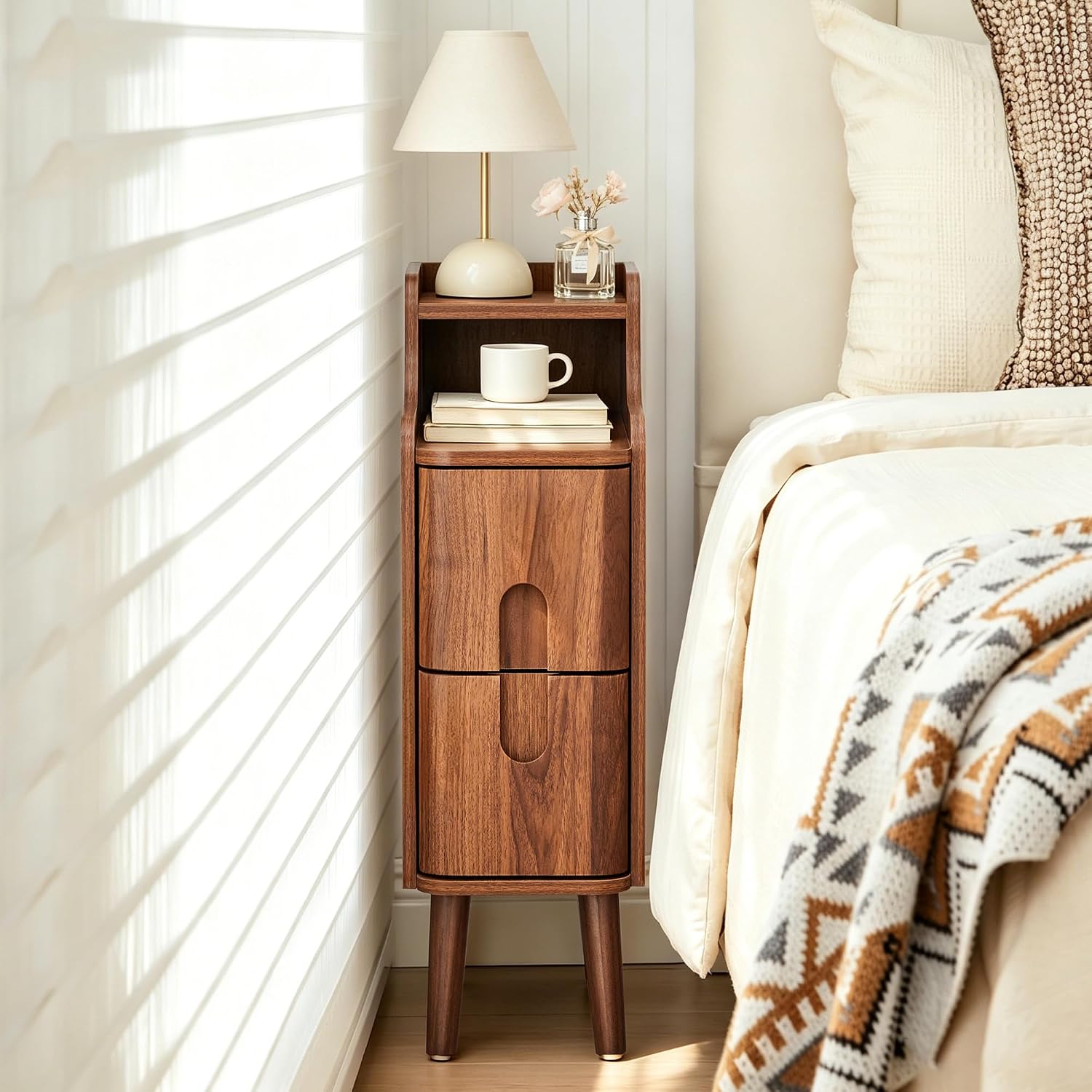 Narrow Nightstand Set of 2, Wooden Small 2 Drawer Nightstand, Slim Side End Table, Skinny Bedside Table, Mid Century Modern Night Stand with Drawers for Bedroom (Walnut-2 pcs)