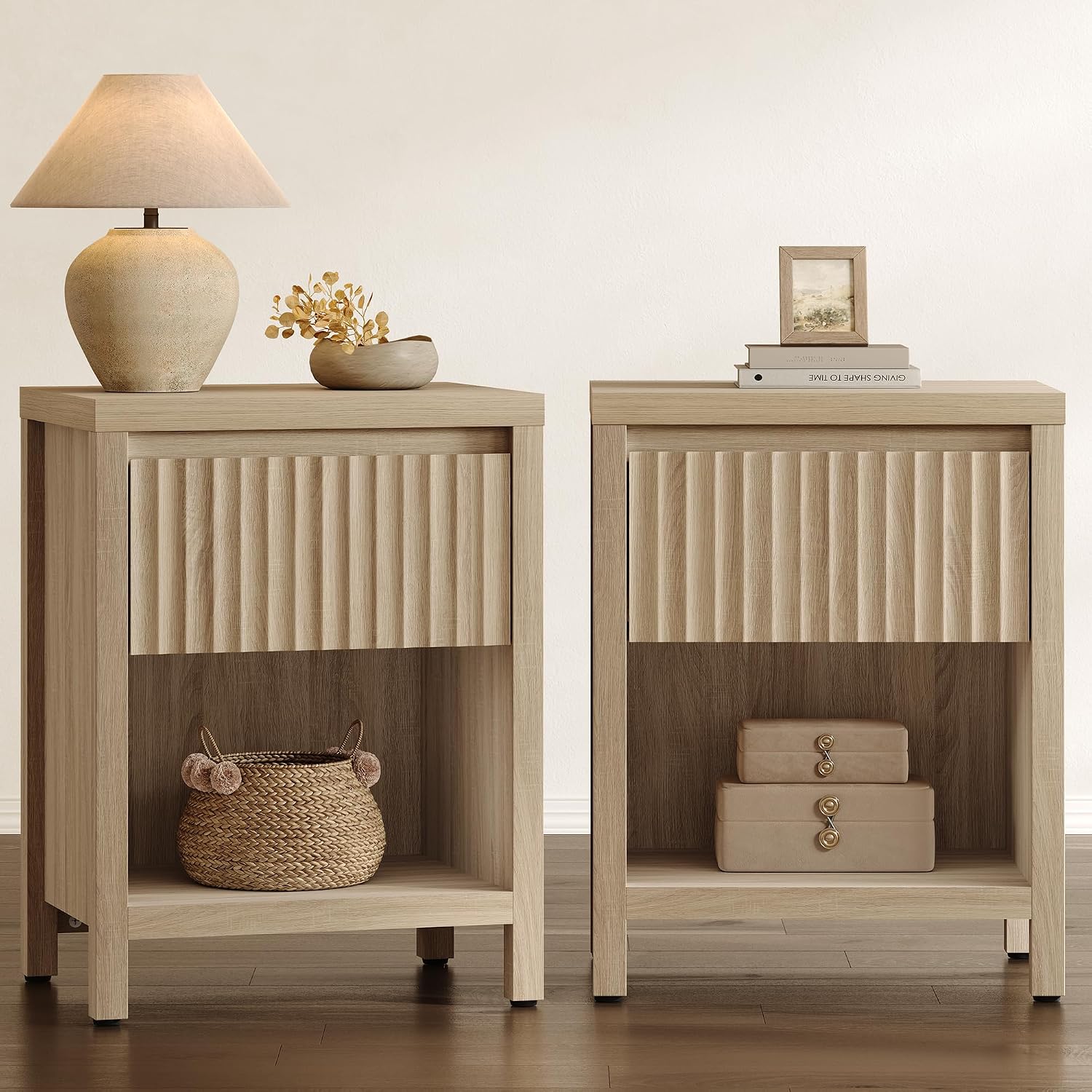 STREETRICH Fluted Night Stand Set of 2, Farmhouse Nightstands with Drawer | Boho Bedside Table with Storage Shelf, Large End Tables Bed Side Tables for Bedroom, Light Oak