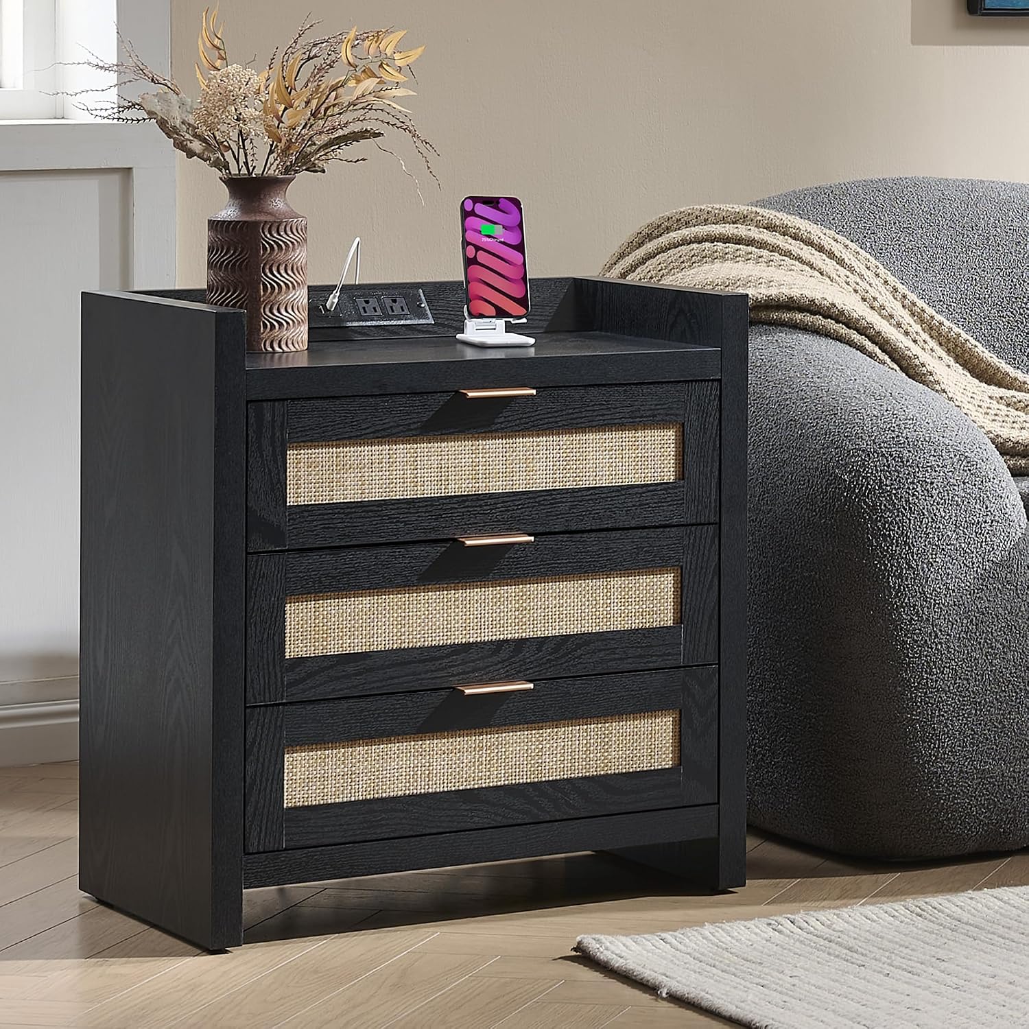 STREETRICH.CO Rattan Nightstands Set of 2, Tall Bedside Table with 3 Drawers | Farmhouse Boho Night Stand with Type-C Charging Station, Storage, Large Side Table End Table for Bedroom Office