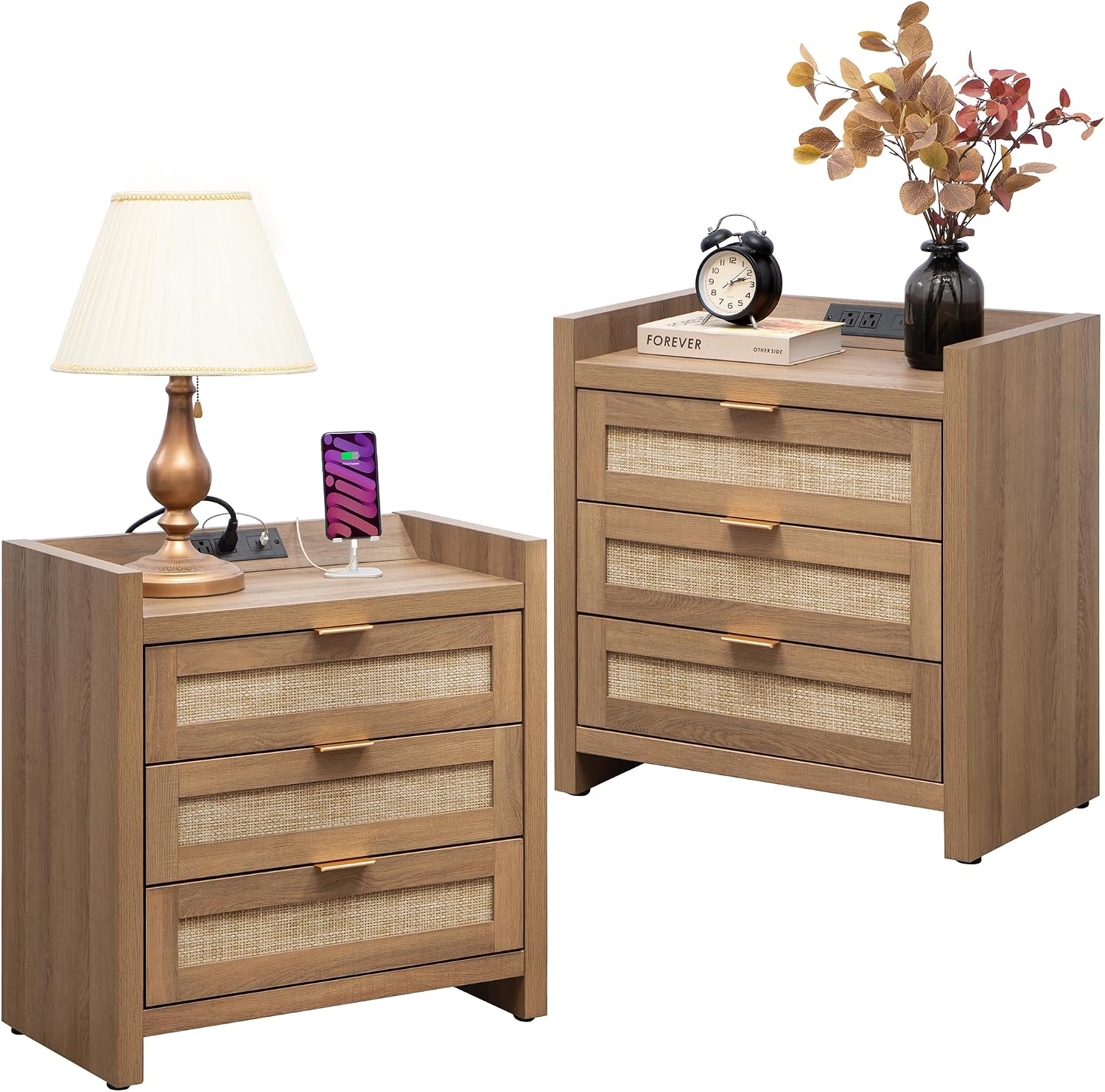 STREETRICH.CO Rattan Nightstands Set of 2, Tall Bedside Table with 3 Drawers | Farmhouse Boho Night Stand with Type-C Charging Station, Storage, Large Side Table End Table for Bedroom Office