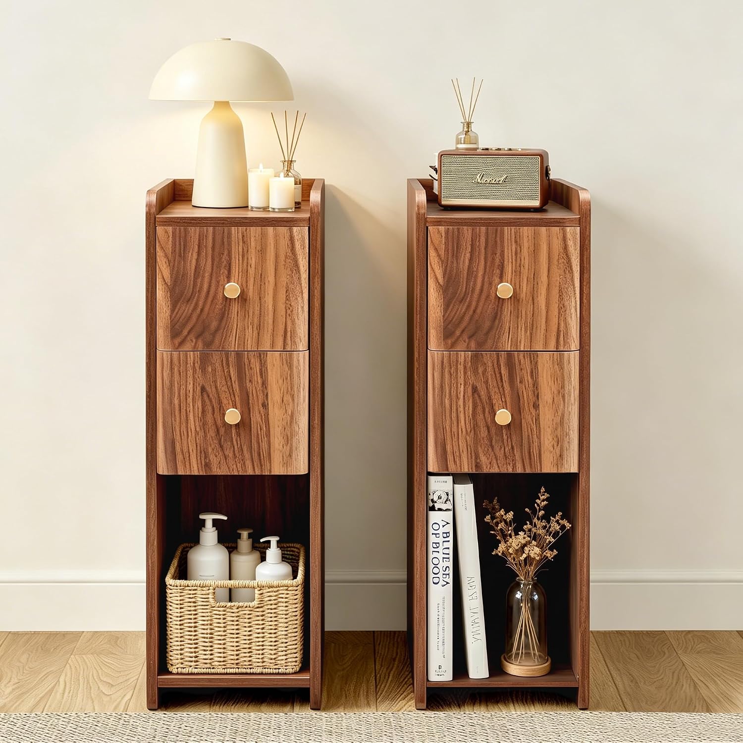 Narrow Nightstand Set of 2, Wooden Small 2 Drawer Nightstand, Slim Side End Table, Skinny Bedside Table, Mid Century Modern Night Stand with Drawers for Bedroom (Walnut-2 pcs)