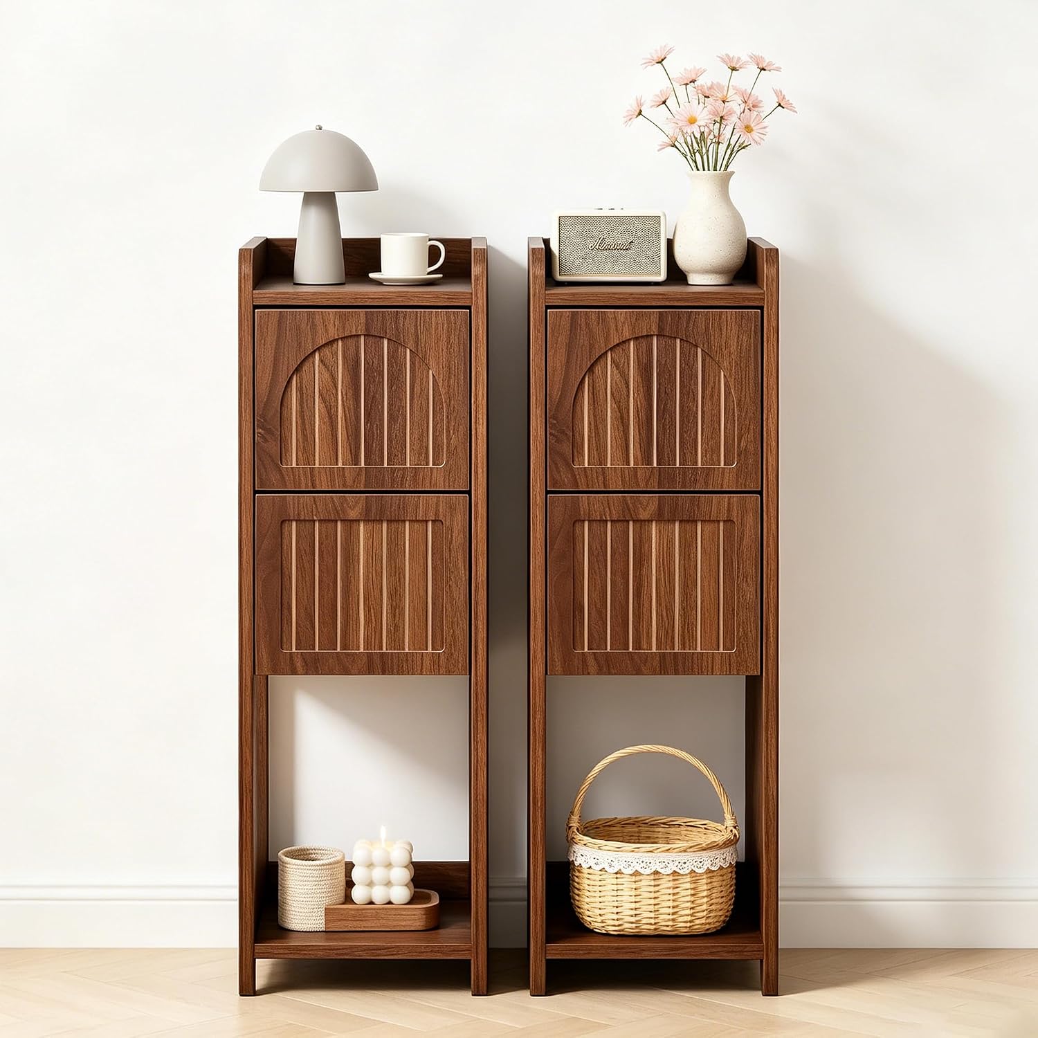 Narrow Nightstand Set of 2, Wooden Small 2 Drawer Nightstand, Slim Side End Table, Skinny Bedside Table, Mid Century Modern Night Stand with Drawers for Bedroom (Walnut-2 pcs)