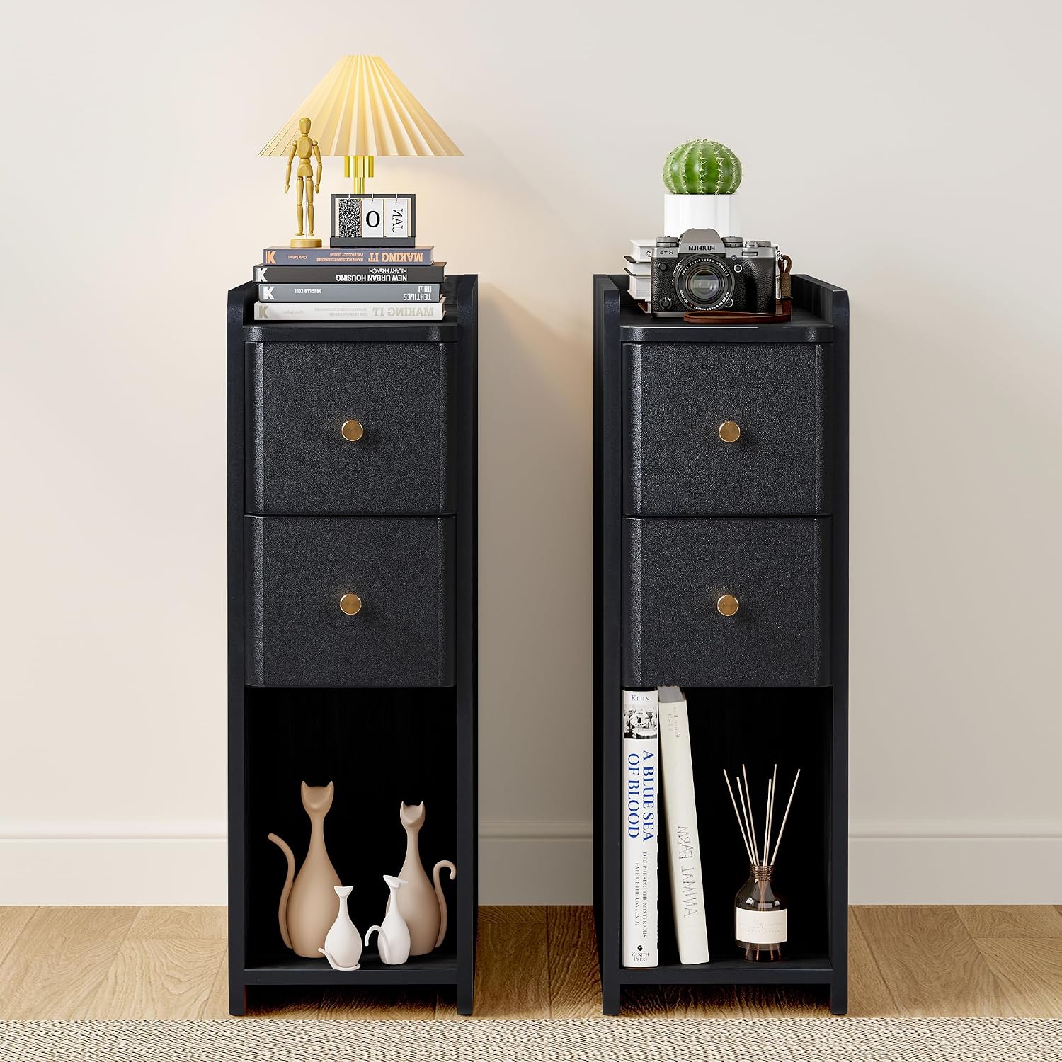 Narrow Nightstand Set of 2, Wooden Small 2 Drawer Nightstand, Slim Side End Table, Skinny Bedside Table, Mid Century Modern Night Stand with Drawers for Bedroom (Walnut-2 pcs)