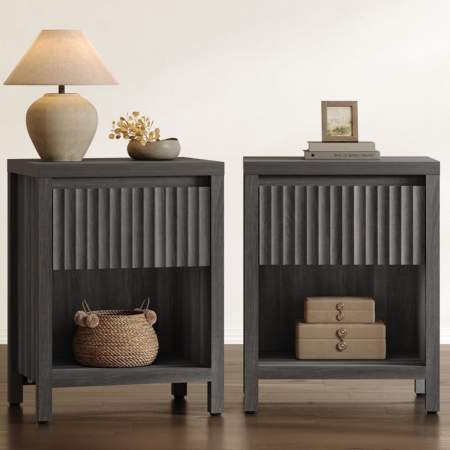 STREETRICH Fluted Night Stand Set of 2, Farmhouse Nightstands with Drawer | Boho Bedside Table with Storage Shelf, Large End Tables Bed Side Tables for Bedroom, Light Oak