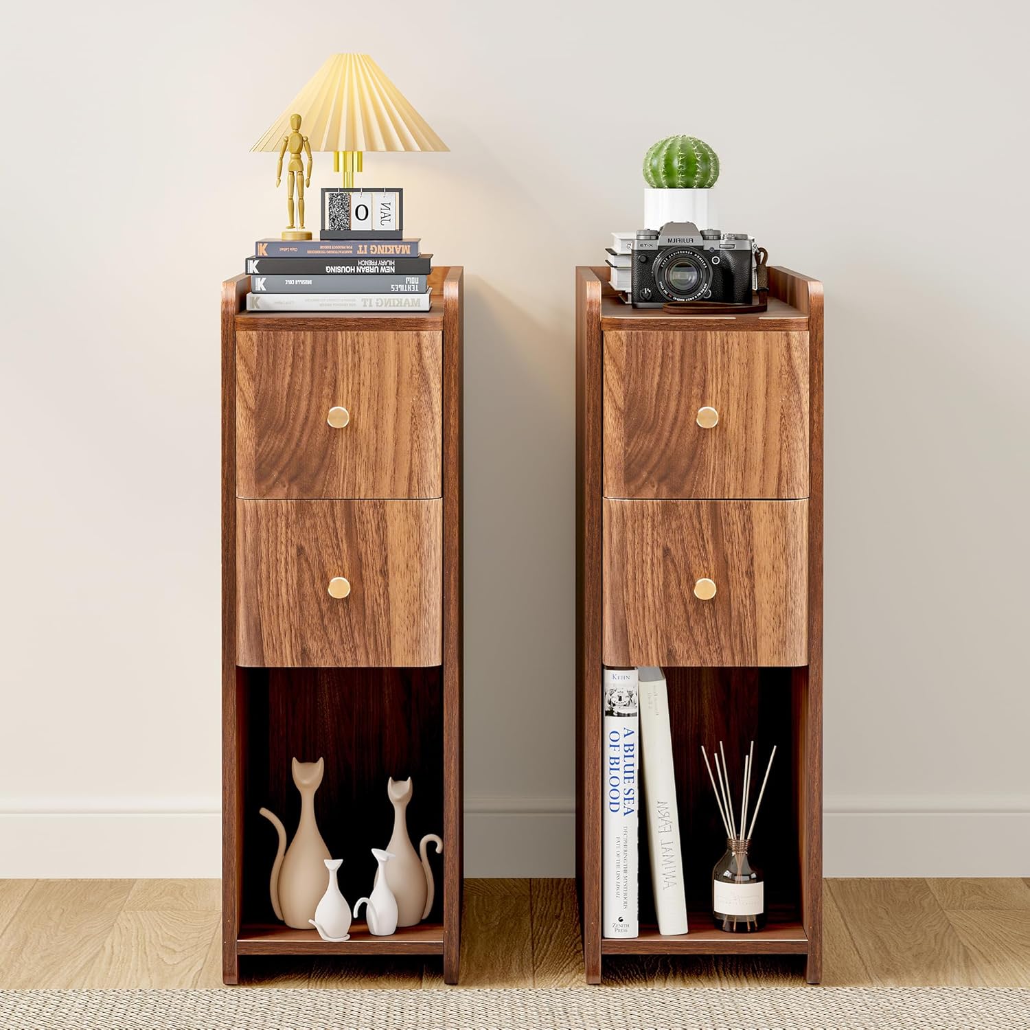 Narrow Nightstand Set of 2, Wooden Small 2 Drawer Nightstand, Slim Side End Table, Skinny Bedside Table, Mid Century Modern Night Stand with Drawers for Bedroom (Walnut-2 pcs)