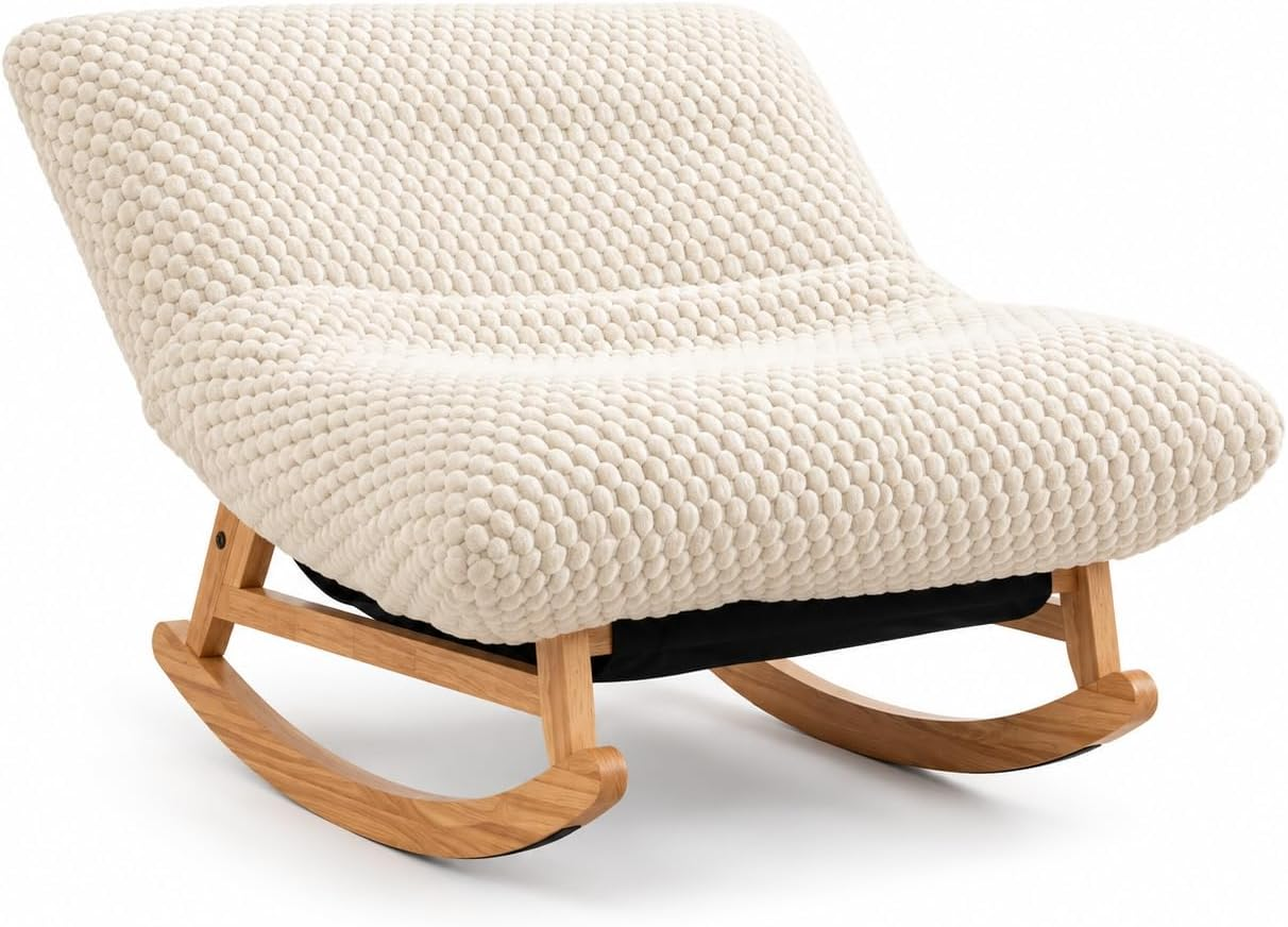 Oversized rocking lounge chair with a soft contoured cushion, supportive backrest and curved wood base.
