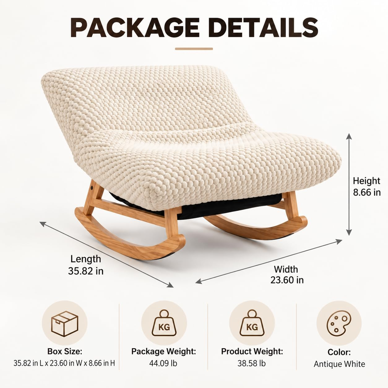 Oversized rocking lounge chair with a soft contoured cushion, supportive backrest and curved wood base.