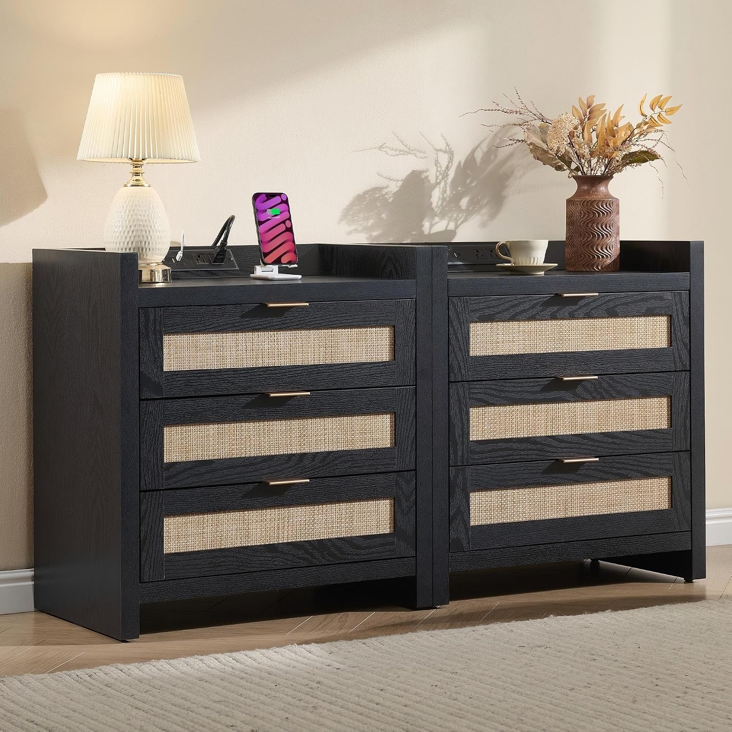 STREETRICH.CO Rattan Nightstands Set of 2, Tall Bedside Table with 3 Drawers | Farmhouse Boho Night Stand with Type-C Charging Station, Storage, Large Side Table End Table for Bedroom Office