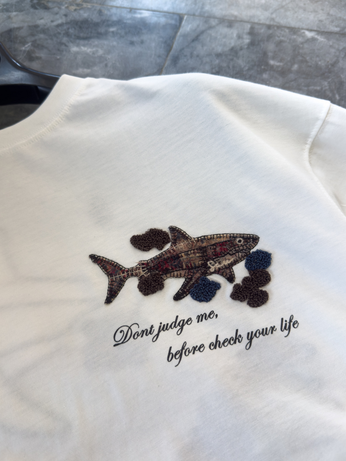 Oversized T-shirt with white shark graphic paneling