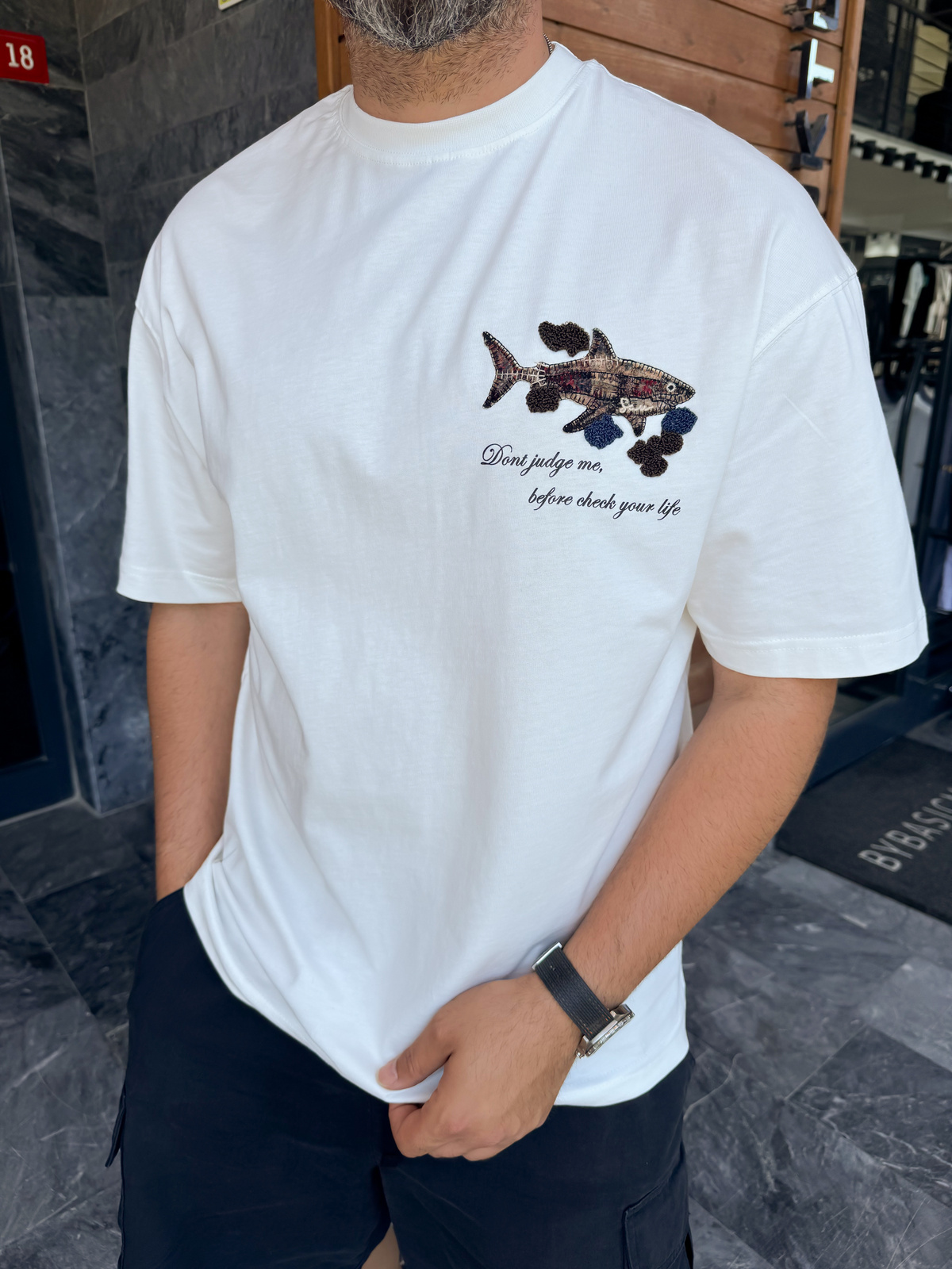 Oversized T-shirt with white shark graphic paneling