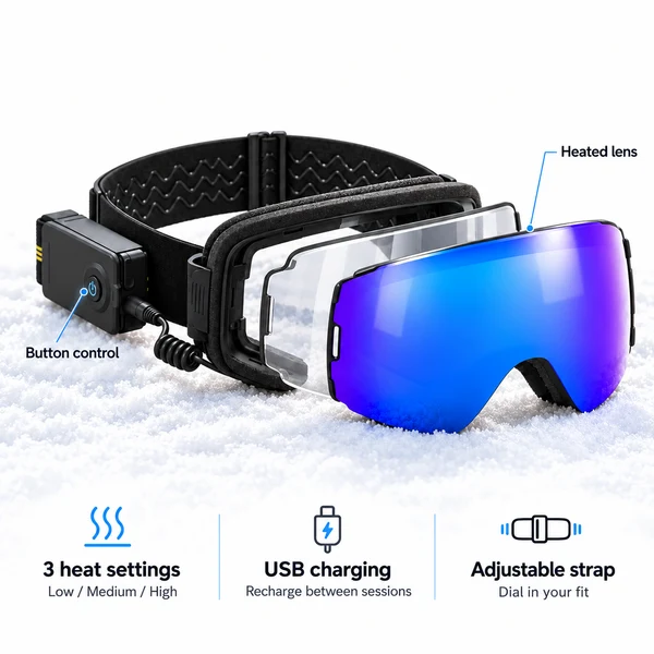 Heated Anti-Fog Snow Goggles – 8-Hour Battery, 3 Heat Levels & Adjustable Fit