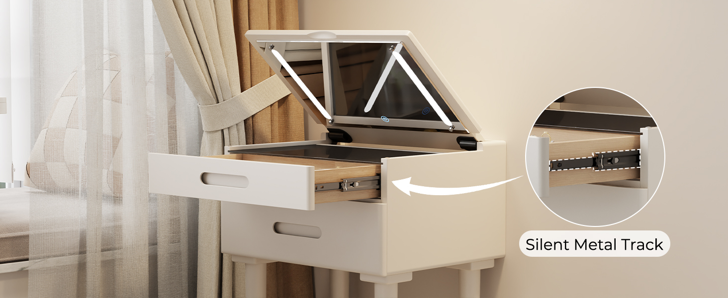 closeup view makeup desk drawer with silent metal track smooth quiet slide out effortless enjoyable