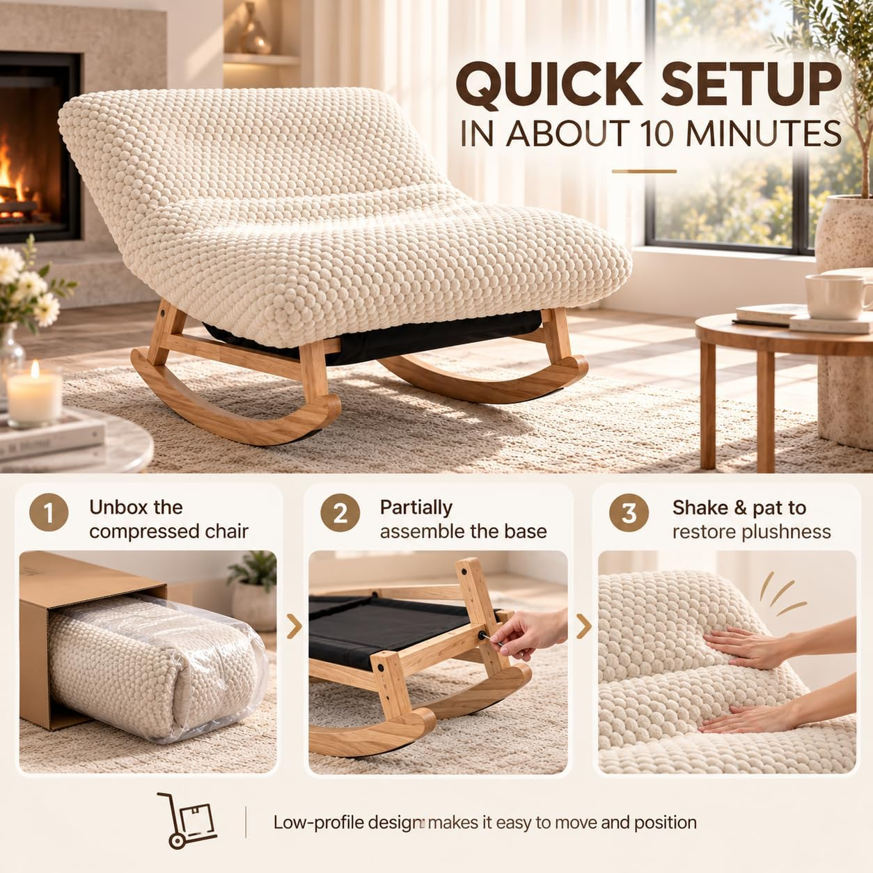 Oversized rocking lounge chair with a soft contoured cushion, supportive backrest and curved wood base.