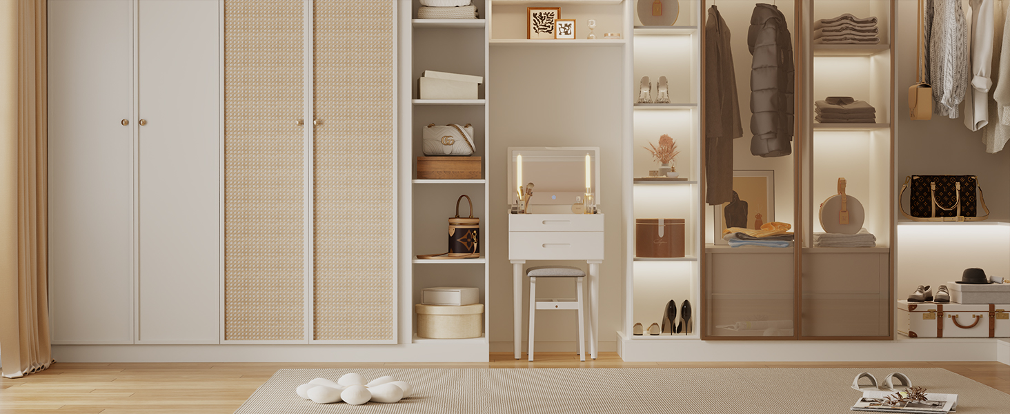 walk in closet vanity desk set beside large wardrobe storage with built in shelf elegant functional