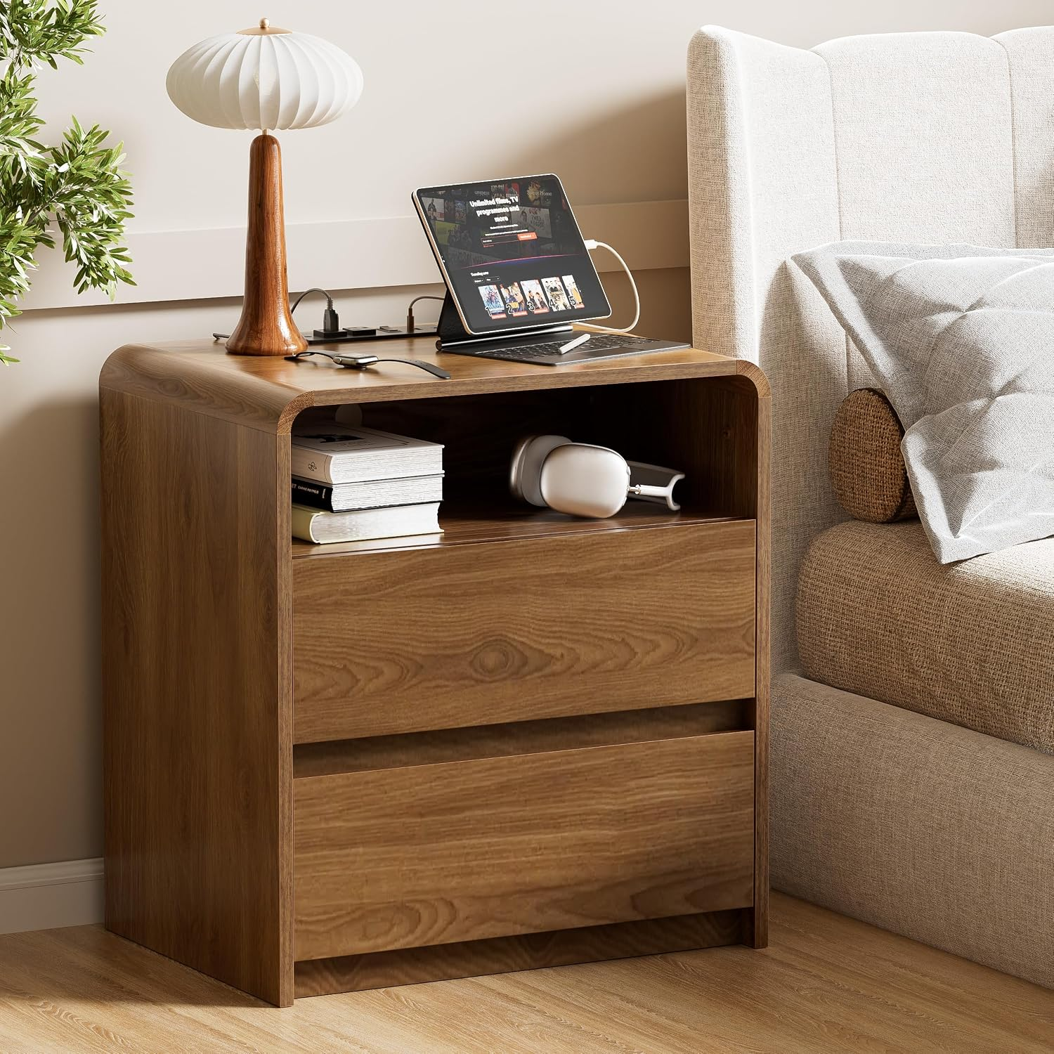 Modern Walnut Nightstand – Hidden Drawer, Charging Station & Soft-Close Storage