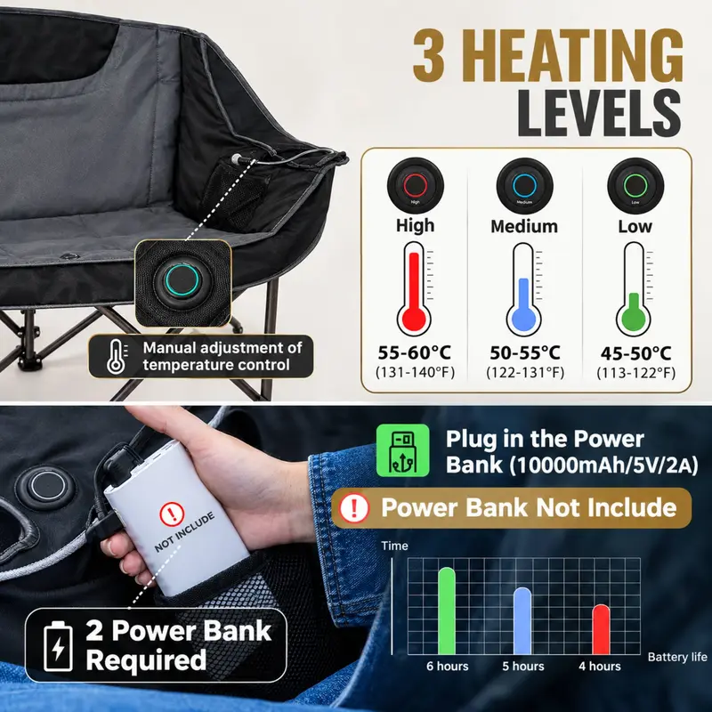 Heated Double Camping Chair | 2-Person Folding Loveseat with 3 Heat Levels