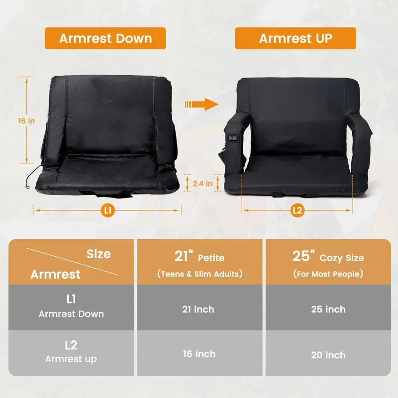 Heated Stadium Seat | 3 Heat Levels, 6 Recline Positions & Armrests