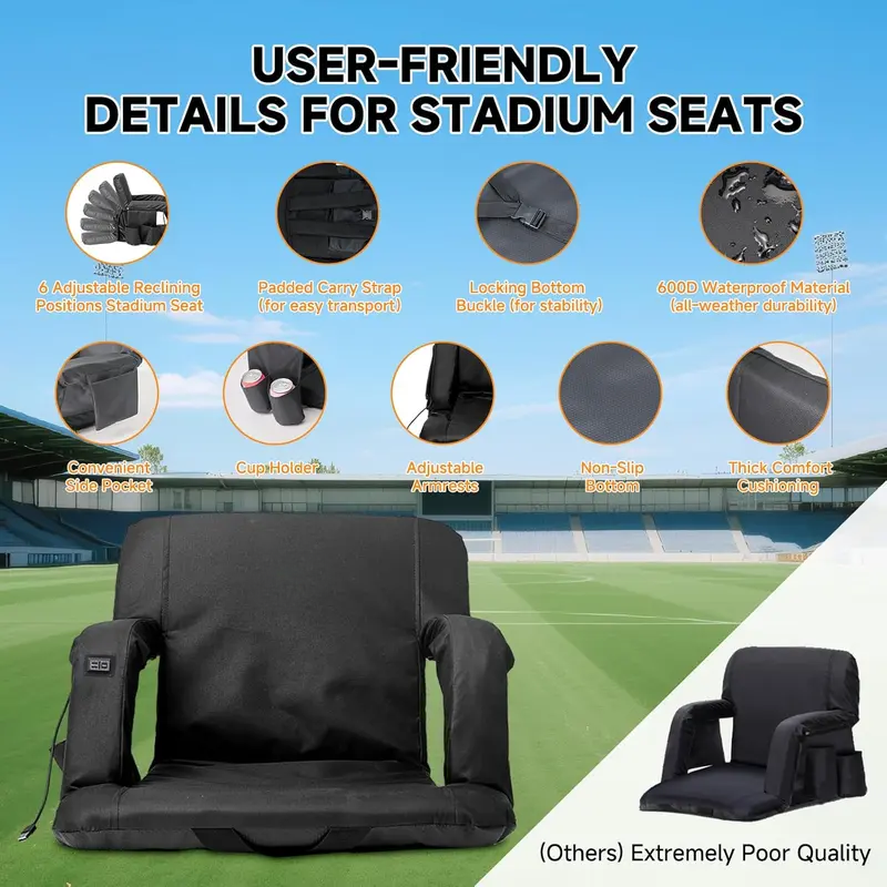 Heated Stadium Seat | 3 Heat Levels, 6 Recline Positions & Armrests