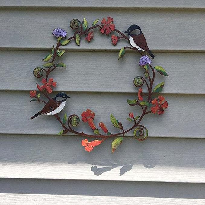 Chickadees & Flowers Wreath Wall Art | Hand Painted