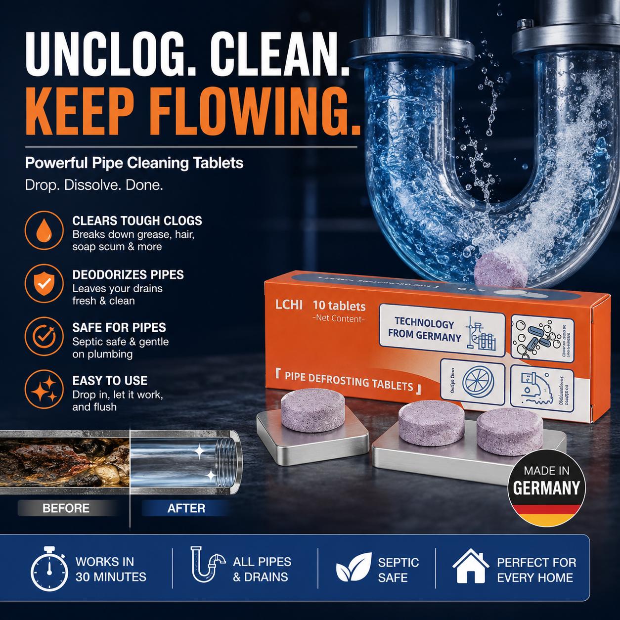 Buy 1 Get 1 Concentrated Laundry Sheets, Softens Hair & Breaks Down Stubborn Clogs &mdash; Multi‑Functional Pipe Care Solution for Washing Machines, Sewers & Septic Systems, Toilets, Bathrooms, Eaves, Drains
