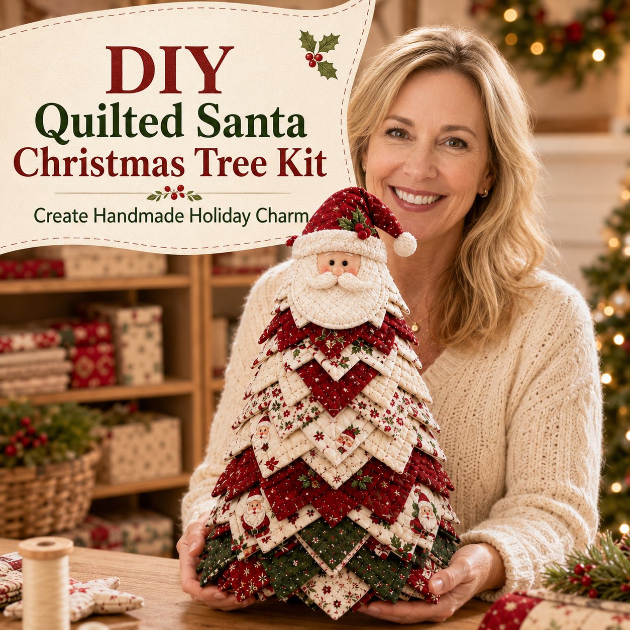 🎄 DIY Quilted Santa Christmas Tree Kit – Handmade Holiday Craft & Festive Tabletop Decor