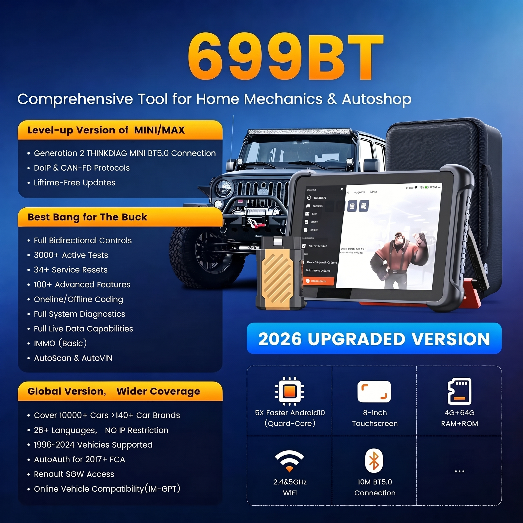 Lifetime Free Update Car OBD2 Scanner Tool, 699BT All-System Automotive Diagnostic Tool, Bi-Directional OBD2 Scanner with ECU Coding, 35+ Services, FCA Autoauth, CANFD&DoIP，Bidirectional Scan Tool fathersdaygift