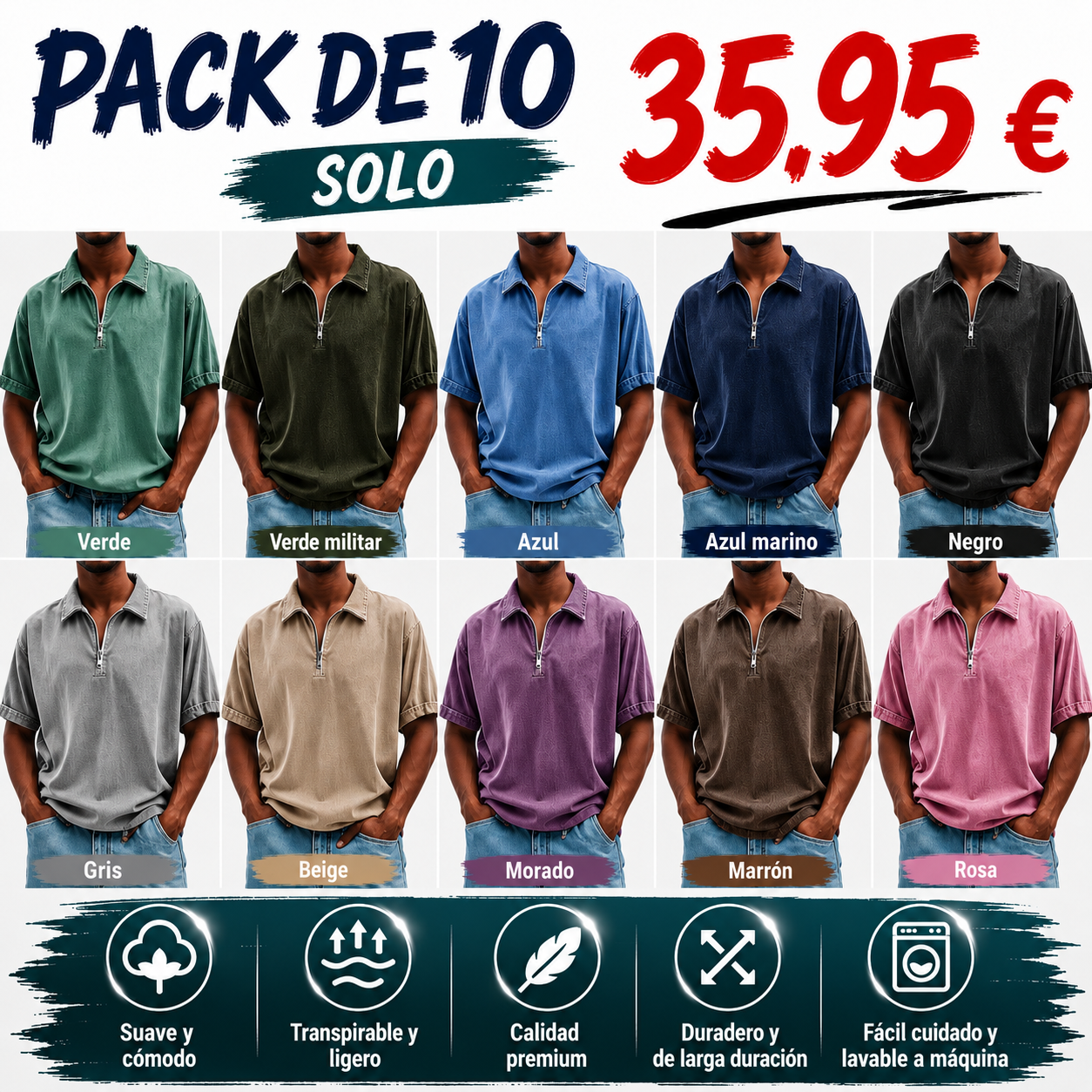 Polo casual retro de manga corta con cuello mao para hombre