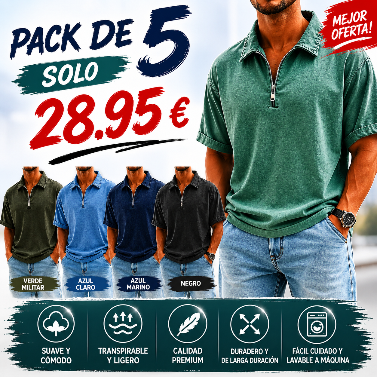 Polo casual retro de manga corta con cuello mao para hombre