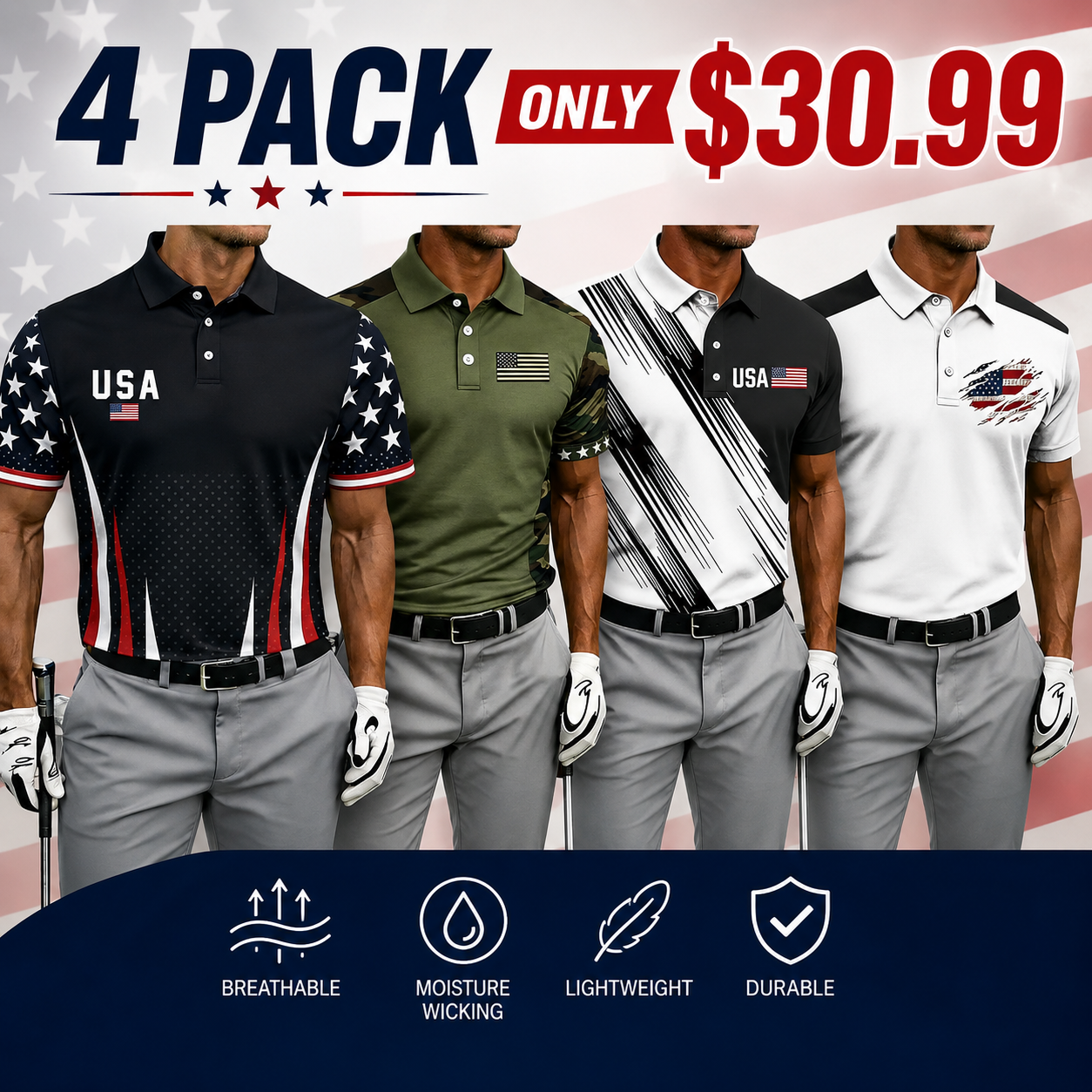Mens Short Sleeve Polo Shirts 250th Anniversary USA Shirt Flag Print Patriotic 4th of July
