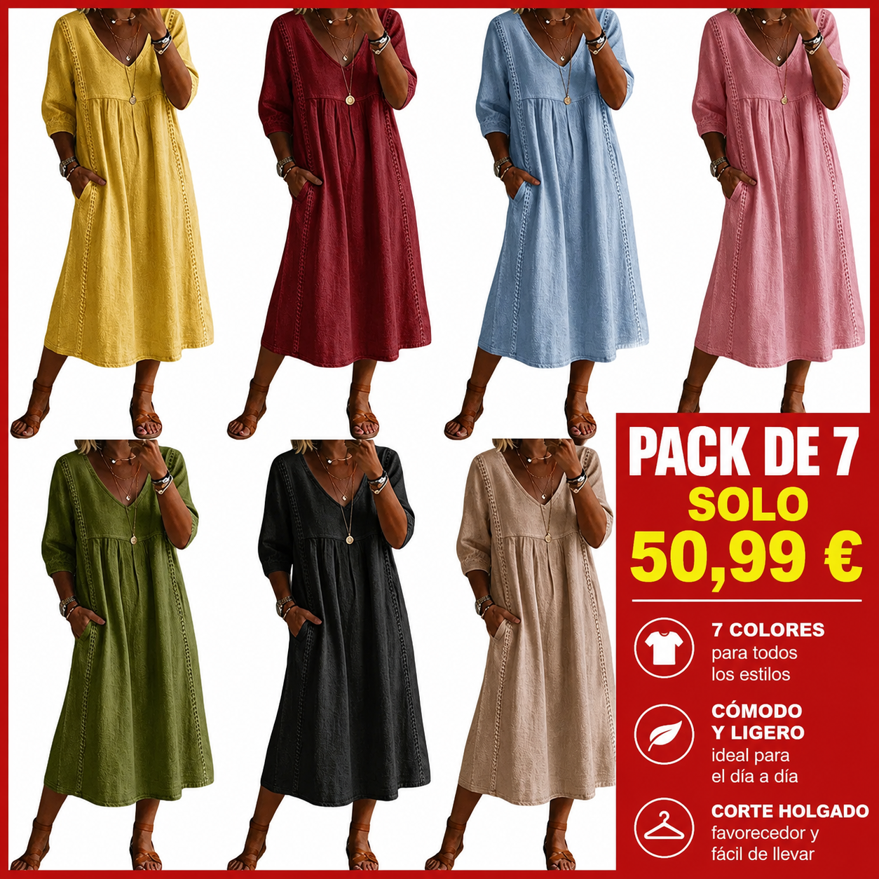 Novedades 🔥 Vestido casual holgado para mujer con encaje patchwork y mezcla de lino y algodón