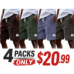 Mens Stylish Ribbed Simple Embroidered Corduroy Loose Lace-up Casual Shorts