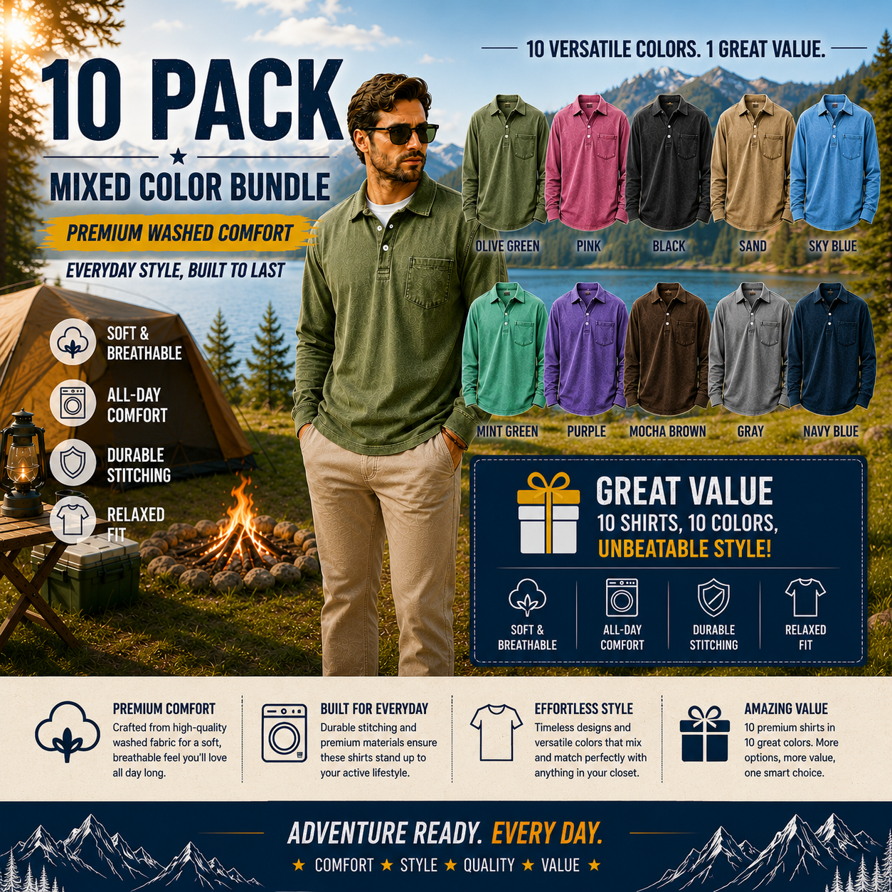 Men’s Washed Long Sleeve Polo Shirt with Chest Pocket – Casual Relaxed Fit Cotton Blend Pullover