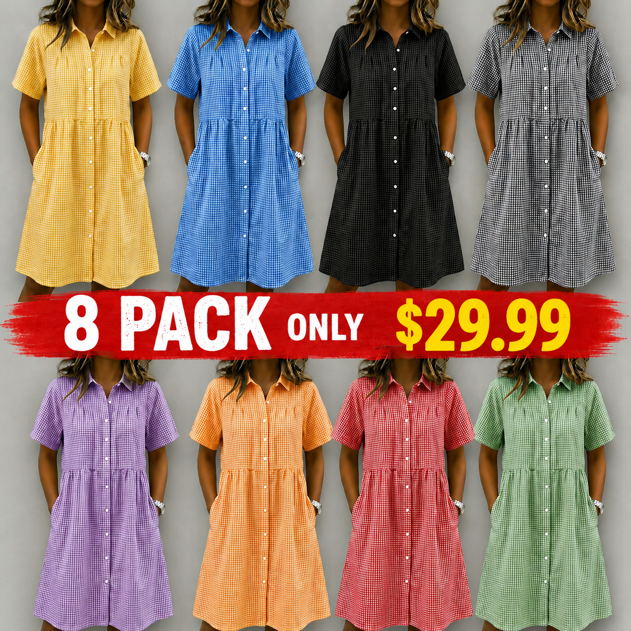 Today 49% off🔥Women’s Cotton Linen Gingham Button-Up Shirt Dress