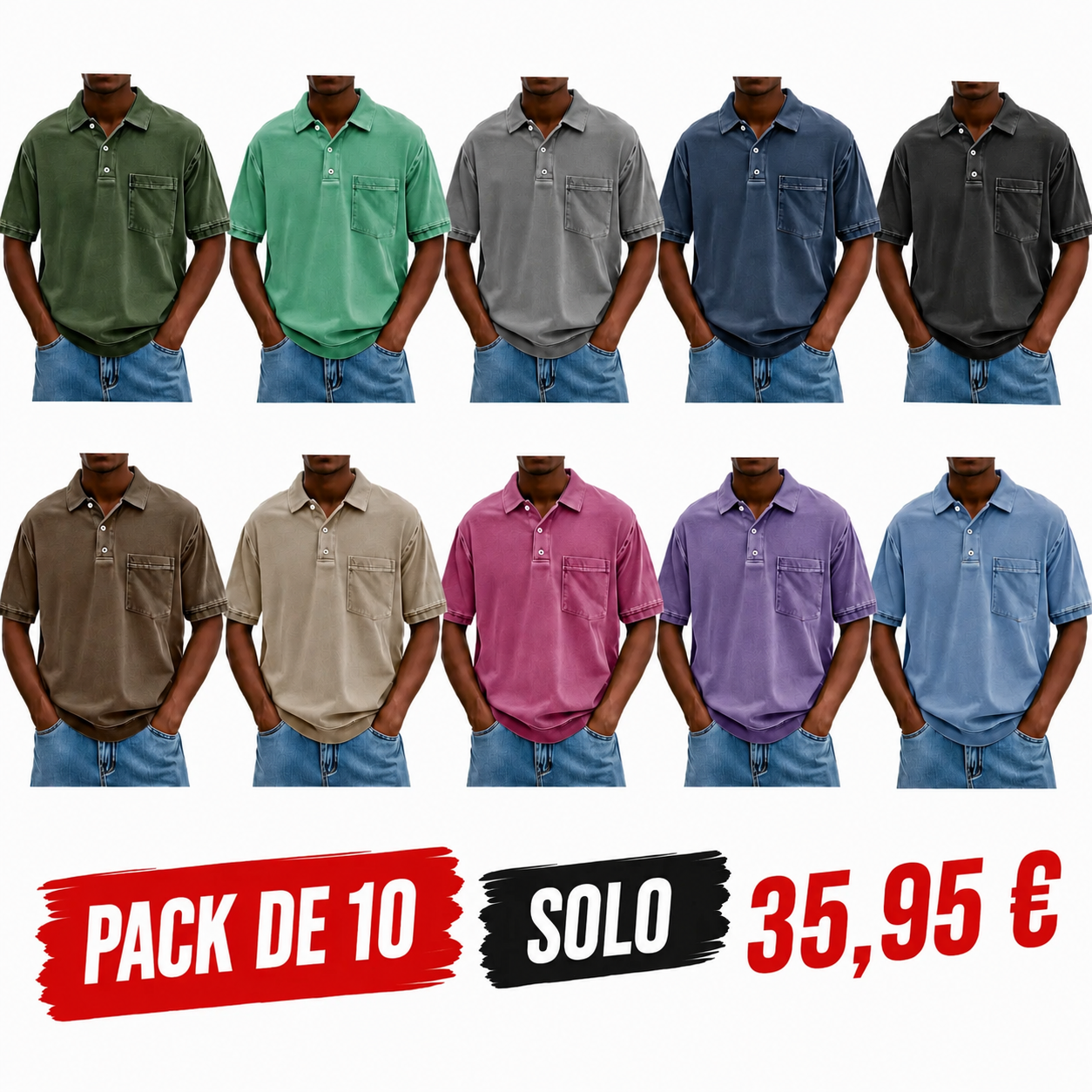 Polo Retro Desgastado para Hombre con Cuello Solapa y Bolsillo – Manga Corta