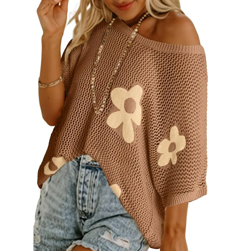 Womens Floral Fashion Summer Tops 2026 Short Sleeve Crochet Sweaters Swimsuit Cover Ups Lightweight Knit Pullover