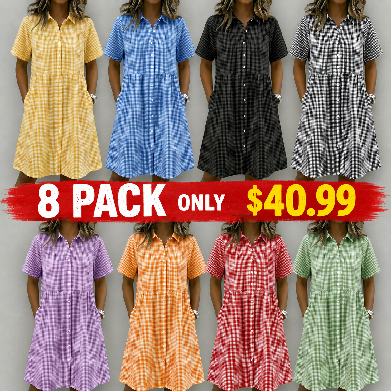 Today 49% off🔥Women’s Cotton Linen Gingham Button-Up Shirt Dress