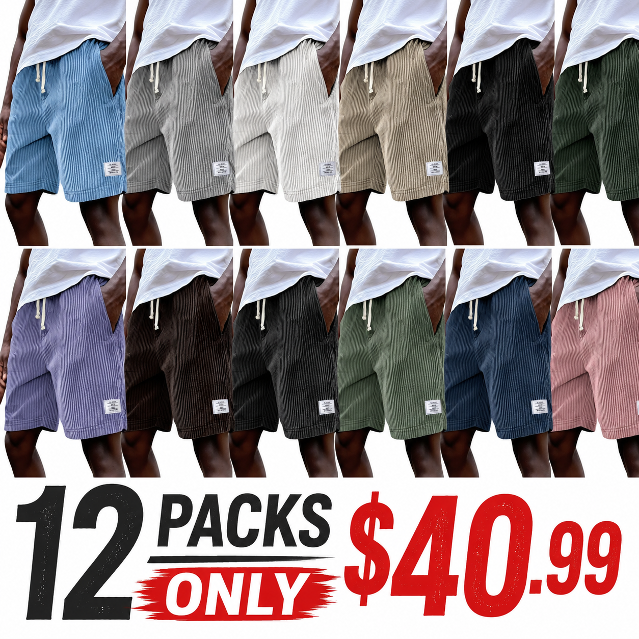 Mens Stylish Ribbed Simple Embroidered Corduroy Loose Lace-up Casual Shorts