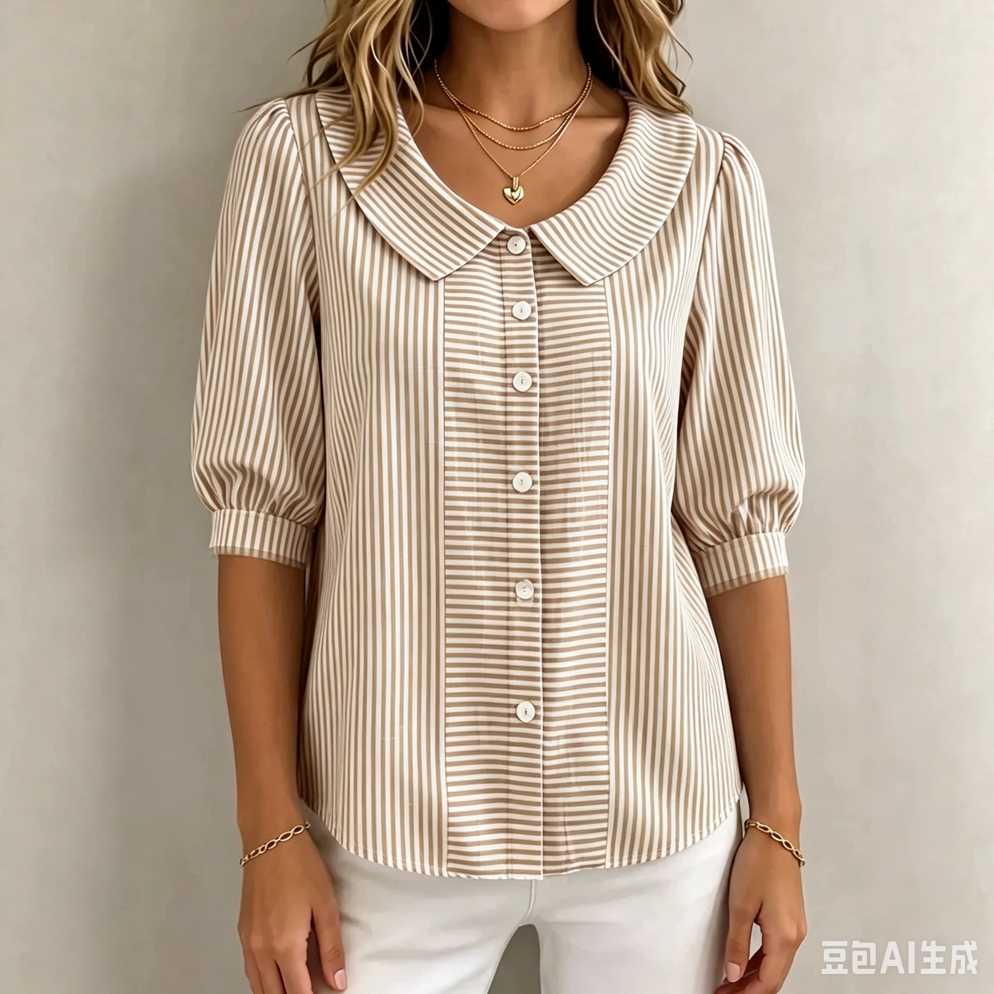 Women’s Peter Pan Collar Striped Button-Up Blouse with Puff Sleeves