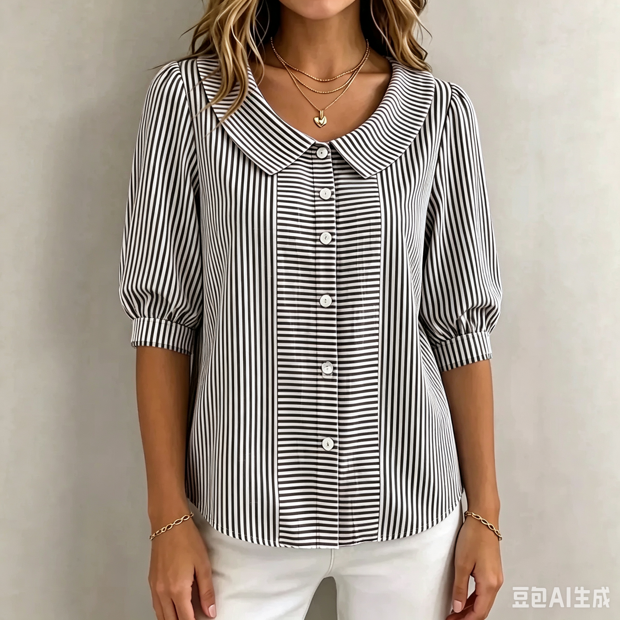 Women’s Peter Pan Collar Striped Button-Up Blouse with Puff Sleeves