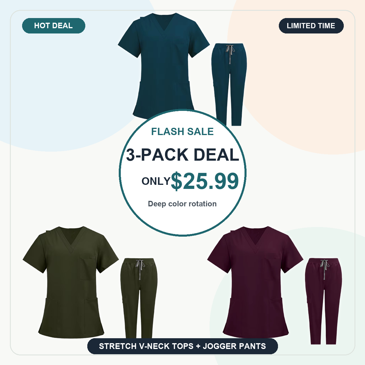 Deep 3-Pack - SUMMER FINAL SALE - Women's V-Neck Stretch Scrub Set 9-Pack $39.99
