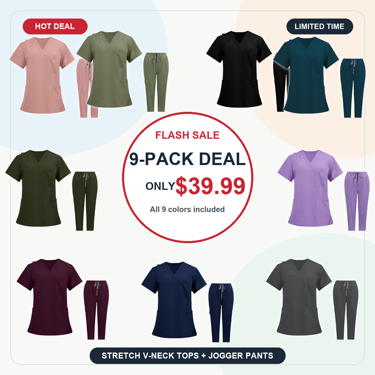 9-Pack - SUMMER FINAL SALE - Women's V-Neck Stretch Scrub Set 9-Pack $39.99